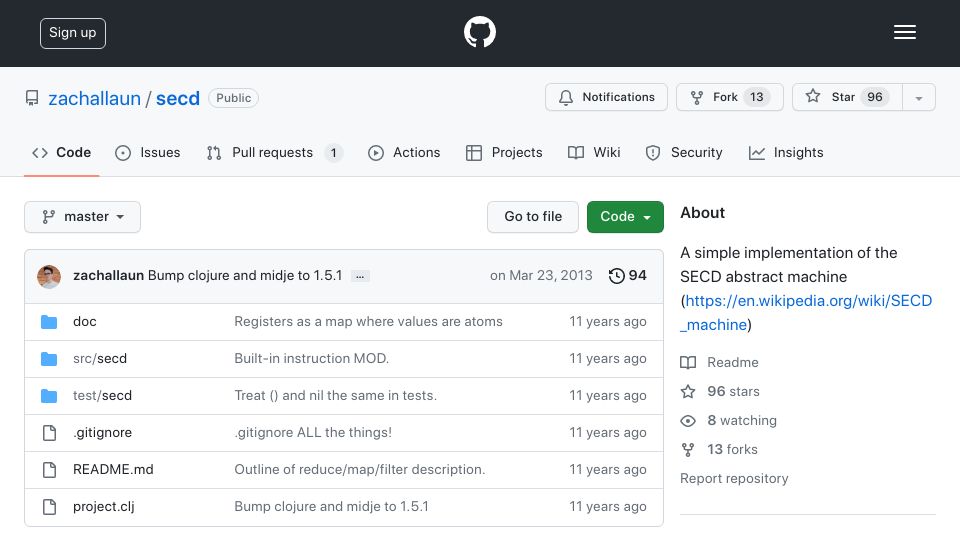 Screenshot of github.com: Secd: A silly implementation of the SECD machine