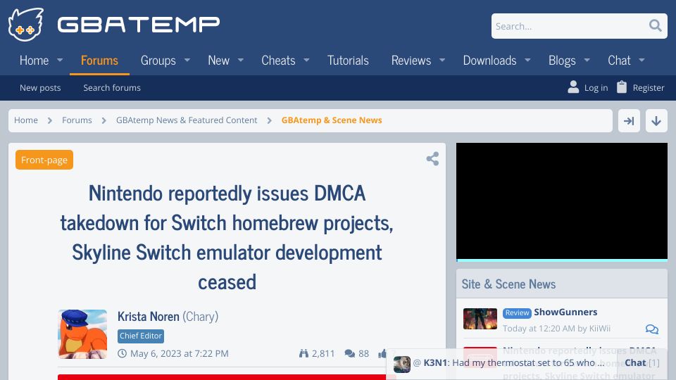 Screenshot of gbatemp.net: Nintendo reportedly issues DMCA takedown for Switch homebrew projects