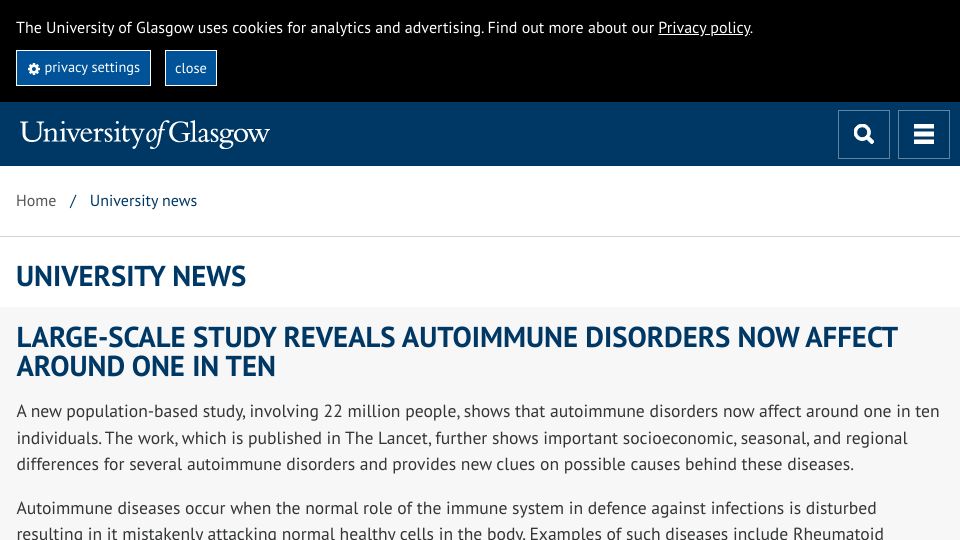 Screenshot of gla.ac.uk: Large-scale study reveals autoimmune disorders now affect around one in ten