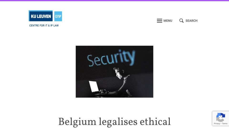 Screenshot of law.kuleuven.be: Belgium legalises ethical hacking