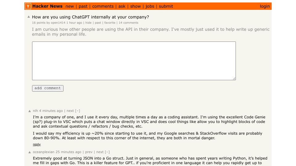 Screenshot of Hacker News post: How are you using ChatGPT internally at your company?