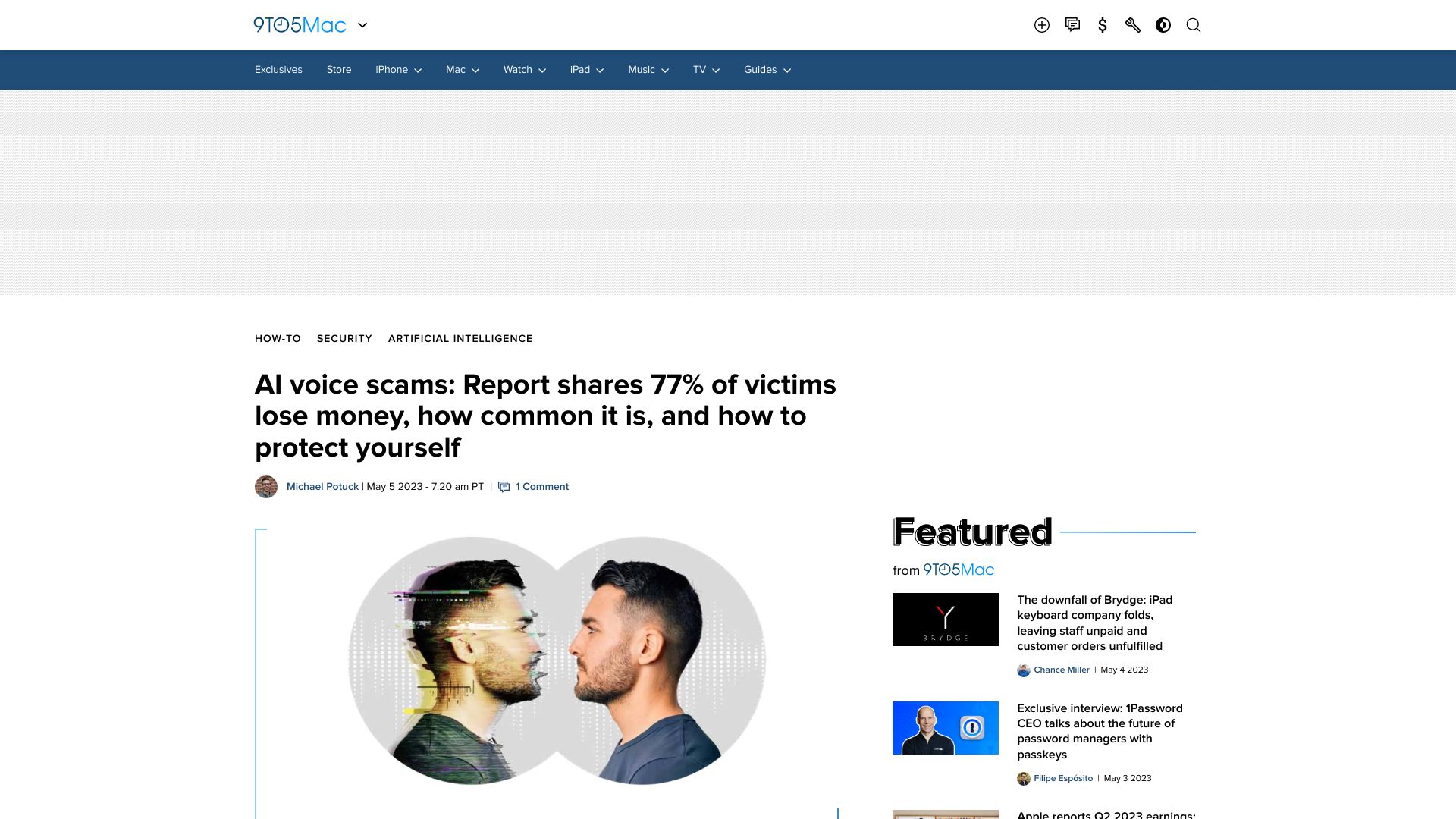 Screenshot of 9to5mac.com: AI voice scams: 77% of victims lose money