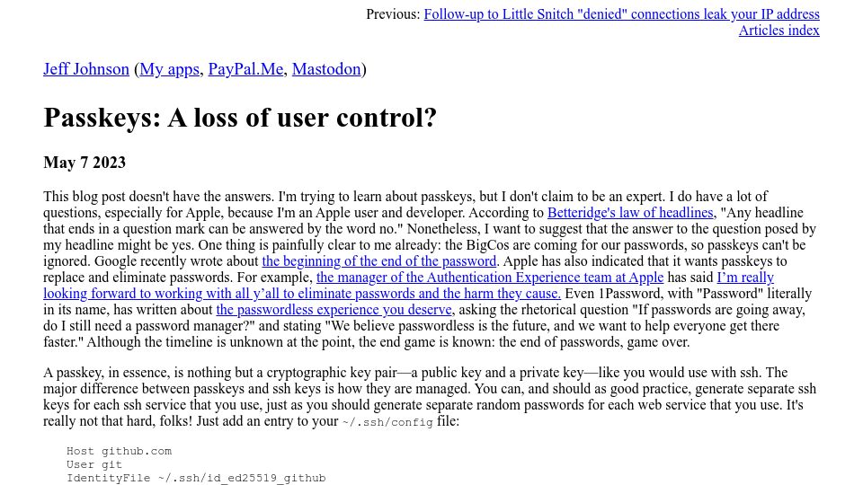 Screenshot of lapcatsoftware.com: Passkeys: A Loss of User Control?