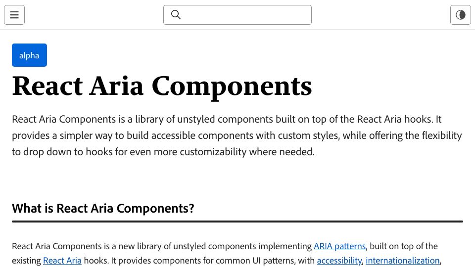 Screenshot of react-spectrum.adobe.com: React Aria Components