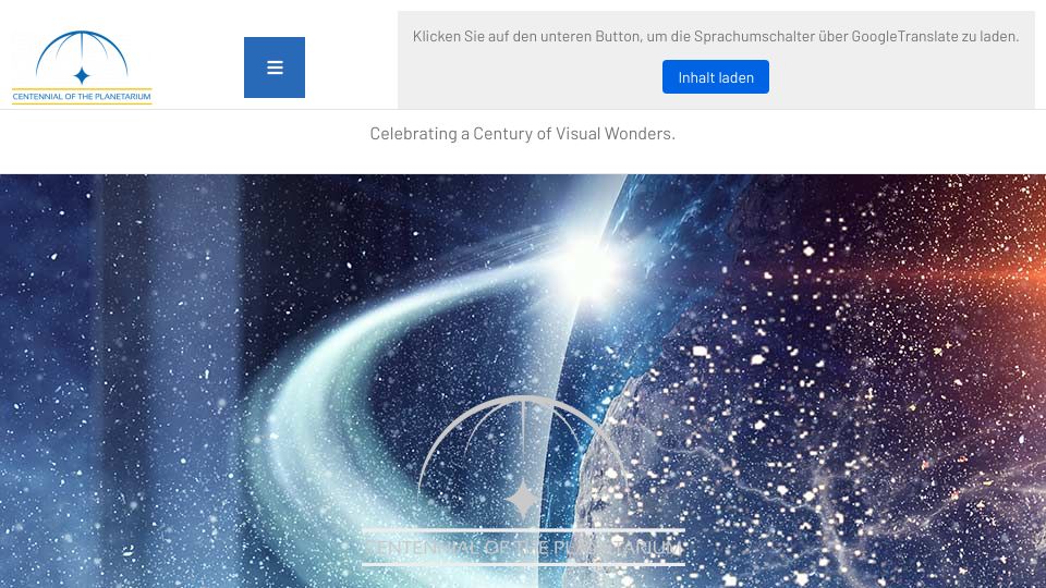Screenshot of planetarium100.org: The first planetarium projector was unveiled 100 years ago