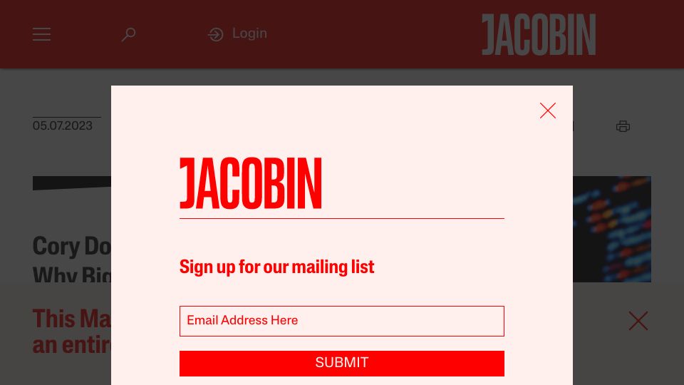 Screenshot of jacobin.com: Cory Doctorow Explains Why Big Tech Is Making the Internet Terrible