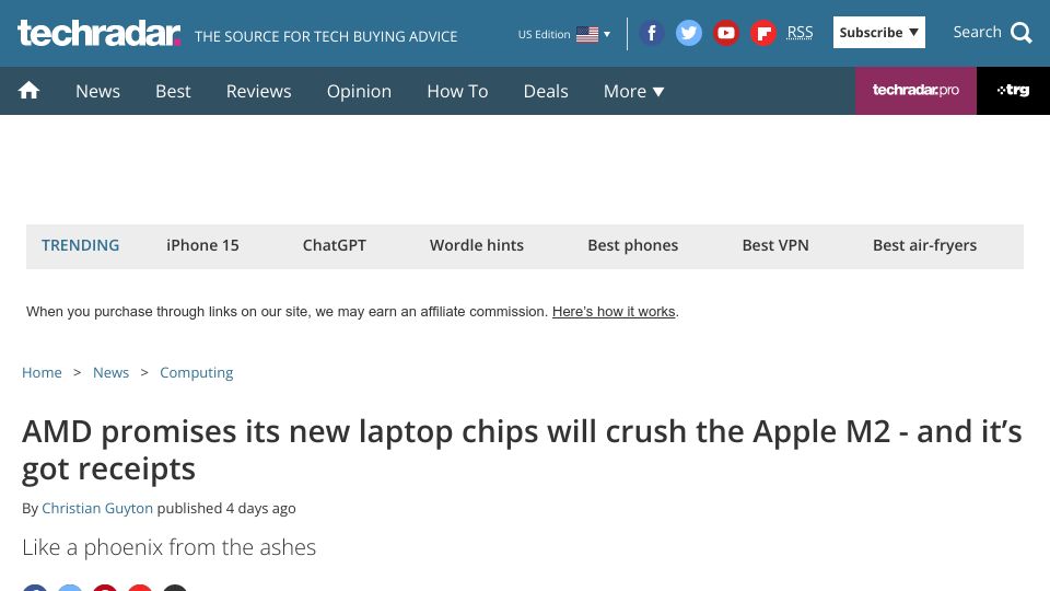 Screenshot of techradar.com: AMD promises its new laptop chips will crush the Apple M2 and it’s got receipts
