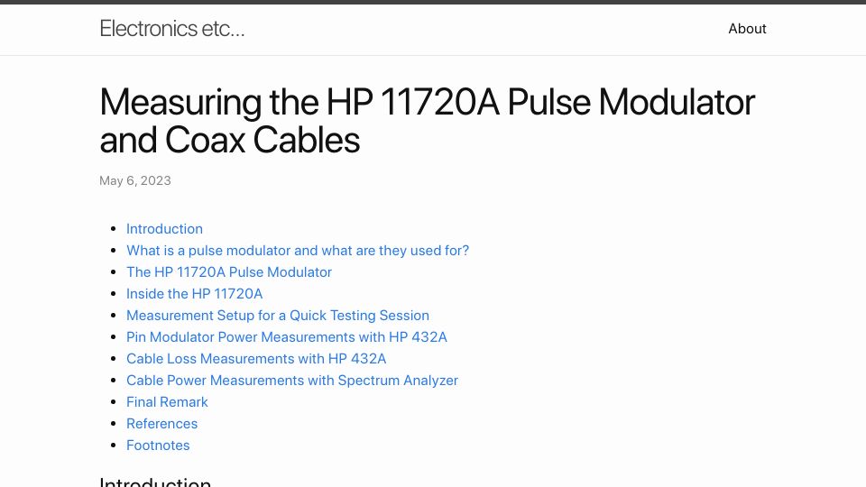 Screenshot of tomverbeure.github.io: Measuring the HP 11720A Pulse Modulator and Coax Cables