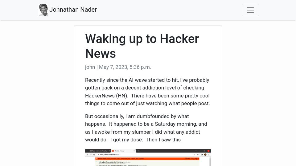 Screenshot of johnathannader.com: Waking up to Hacker News