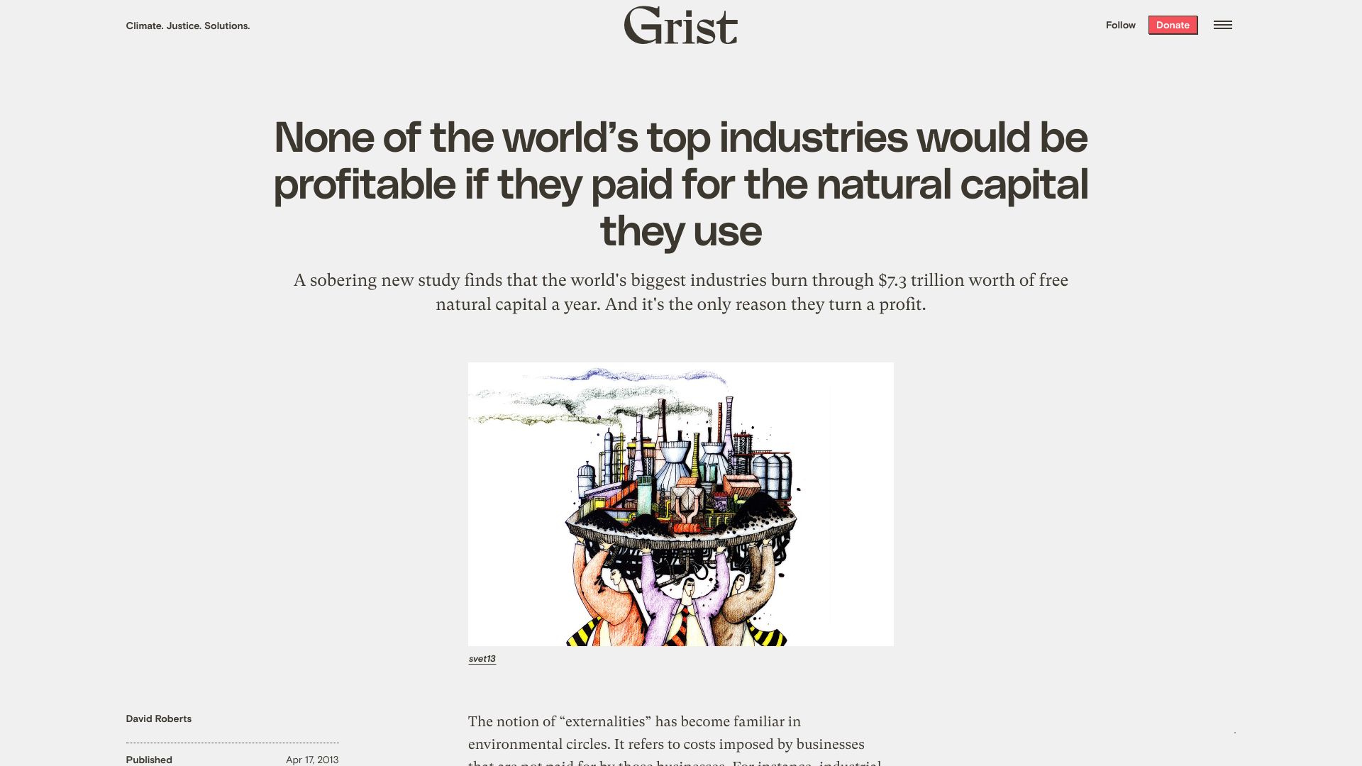 Screenshot of grist.org: Biggest industries burn through $7.3T of natural capital a year