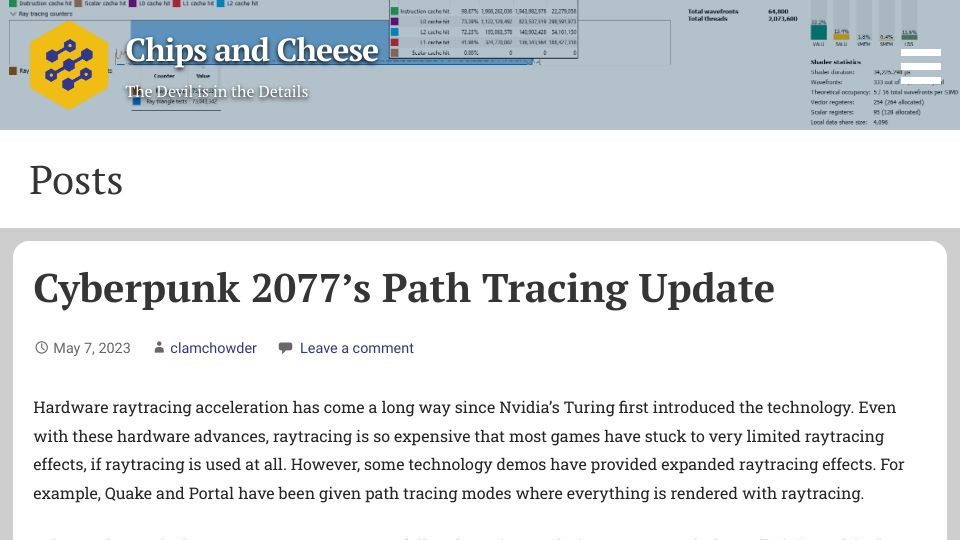 Screenshot of chipsandcheese.com: Cyberpunk 2077’s Path Tracing Update