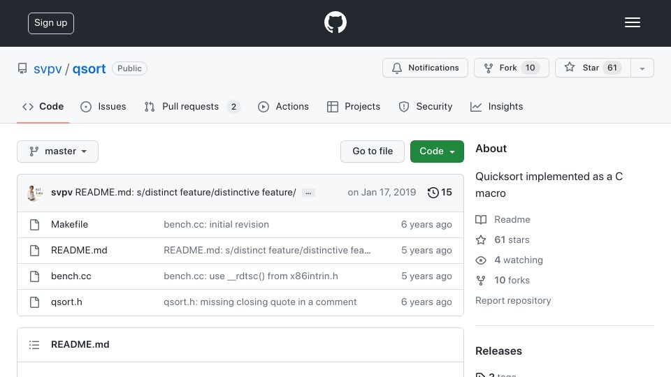 Screenshot of github.com: Qsort.h – Quicksort as a C macro (2019)