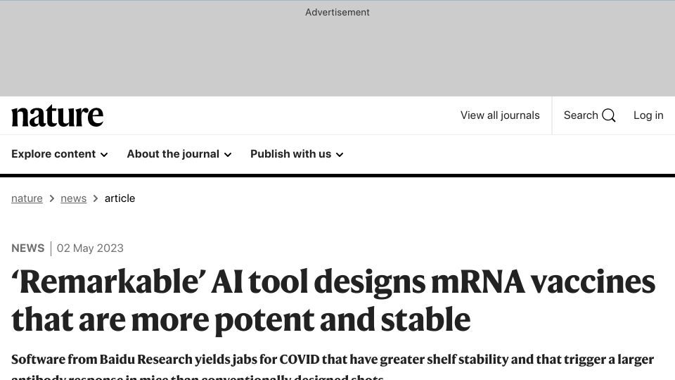 Screenshot of nature.com: AI tool designs mRNA vaccines that are more potent and stable