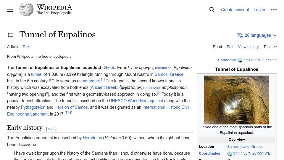 Screenshot of en.wikipedia.org: Tunnel of Eupalinos