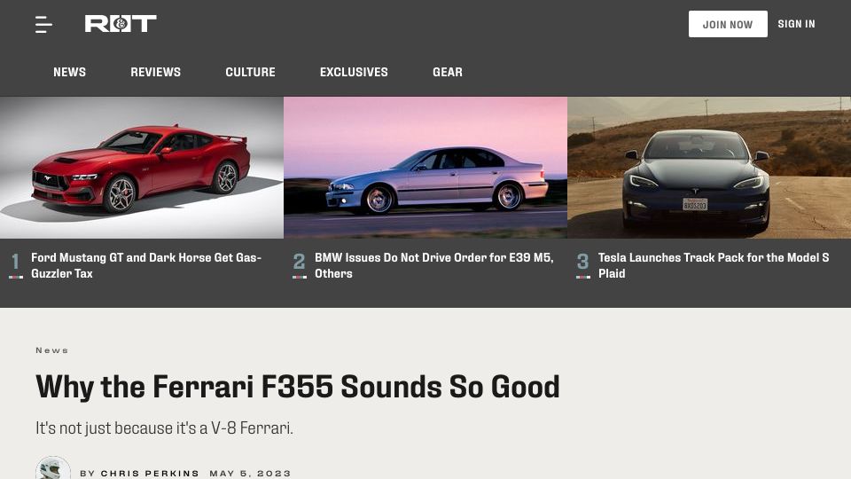 Screenshot of roadandtrack.com: Why the Ferrari F355 sounds so good