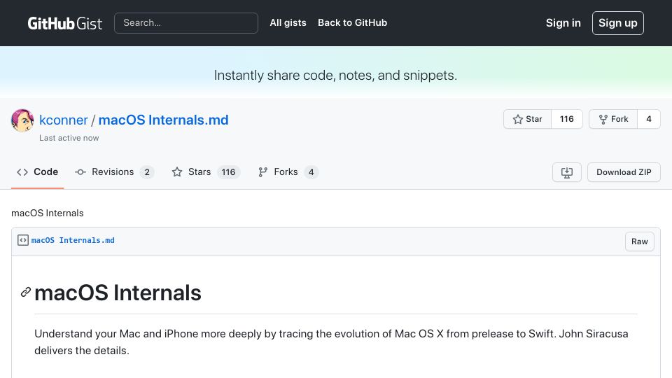 Screenshot of gist.github.com: macOS Internals