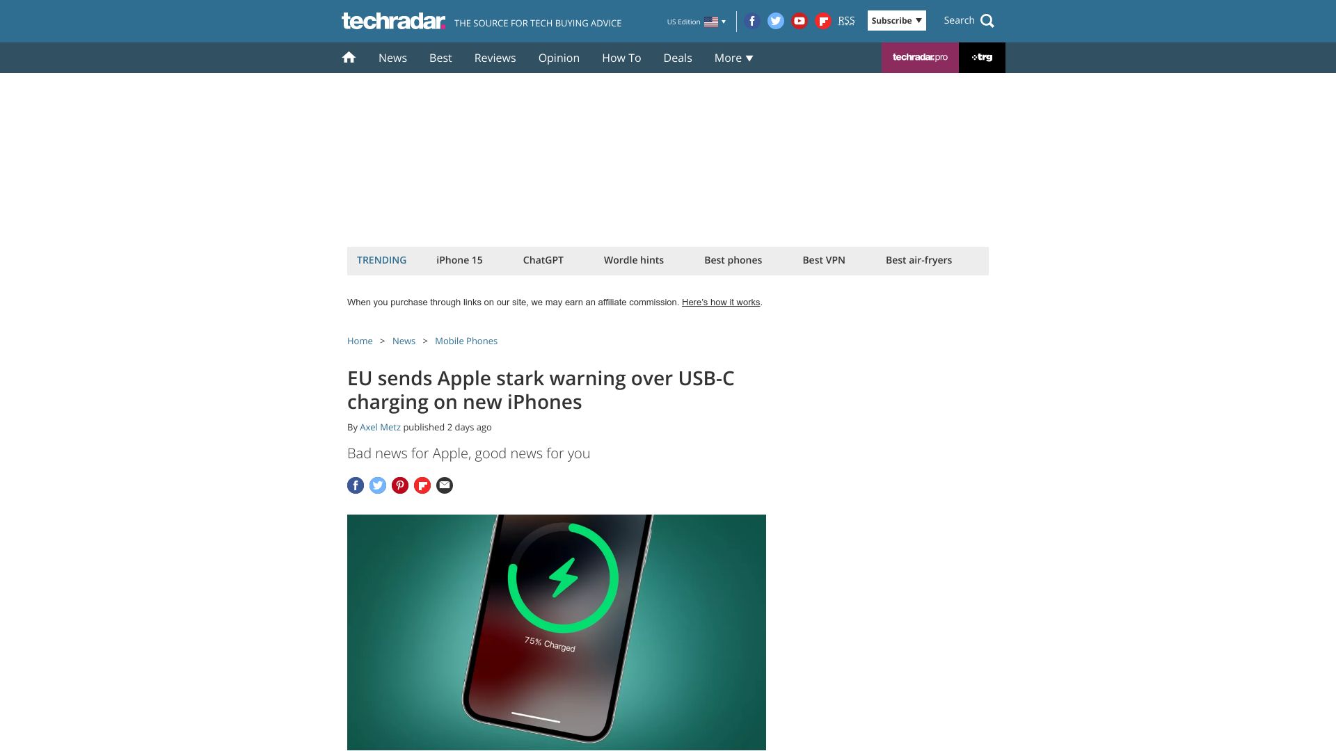 Screenshot of techradar.com: EU sends Apple stark warning over USB-C charging on new iPhones