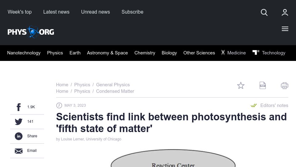 Screenshot of phys.org: Scientists find link between photosynthesis and 'fifth state of matter'
