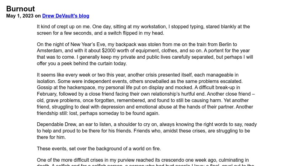 Screenshot of drewdevault.com: Burnout