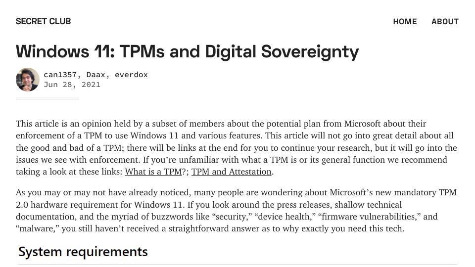 Screenshot of secret.club: Windows 11: TPMs and Digital Sovereignty