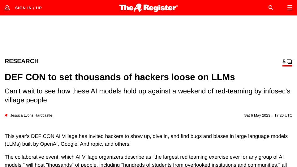 Screenshot of theregister.com: DEF CON to set thousands of hackers loose on LLMs