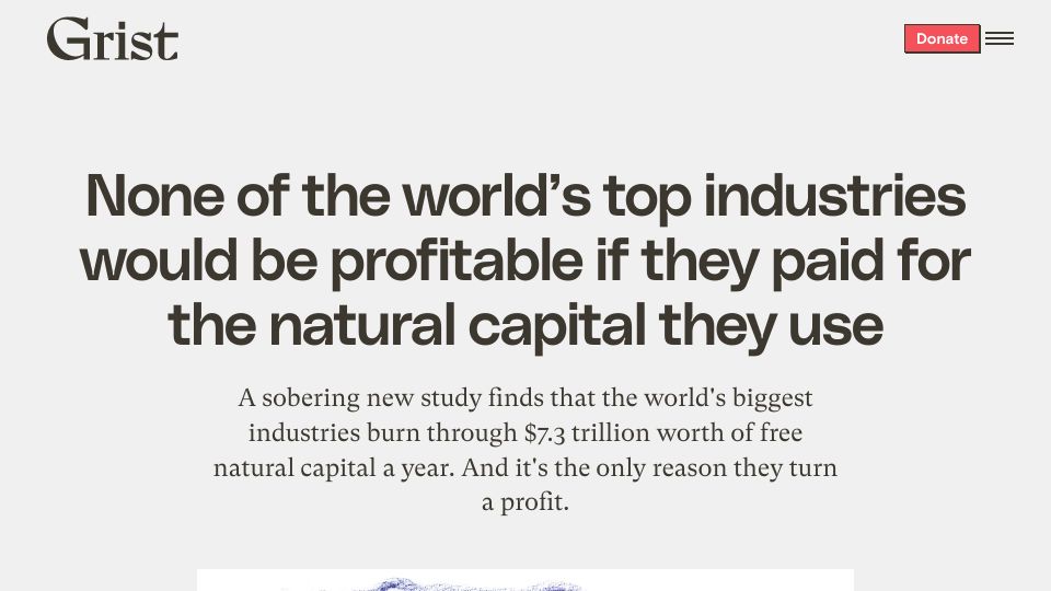Screenshot of grist.org: Biggest industries burn through $7.3T of natural capital a year