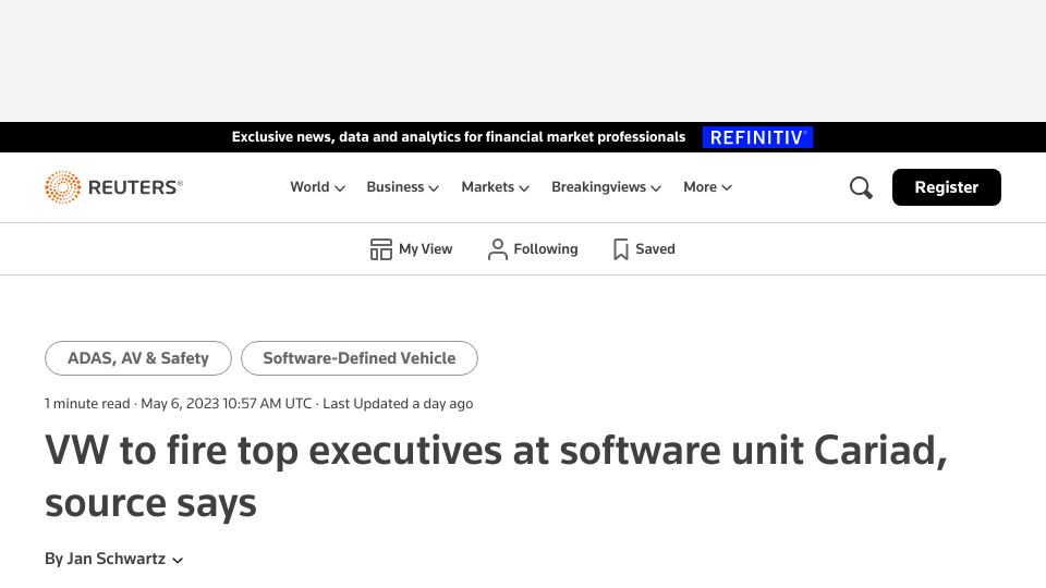 Screenshot of reuters.com: VW to fire top executives at software unit Cariad, source says