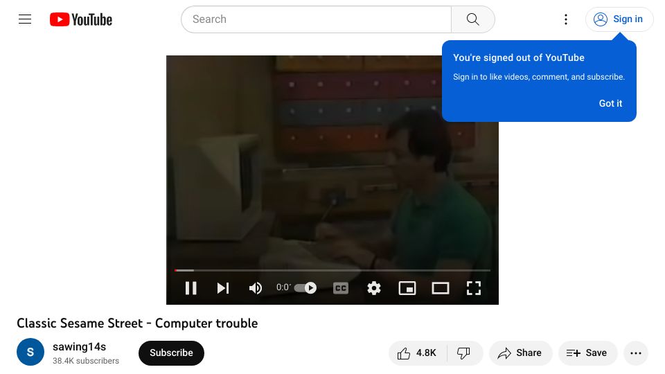 Screenshot of youtube.com: Classic Sesame Street – Computer Trouble