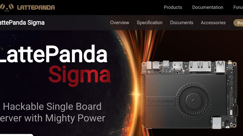 Screenshot of lattepanda.com: LattePanda Sigma – A Hackable Single Board Server with Mighty Power