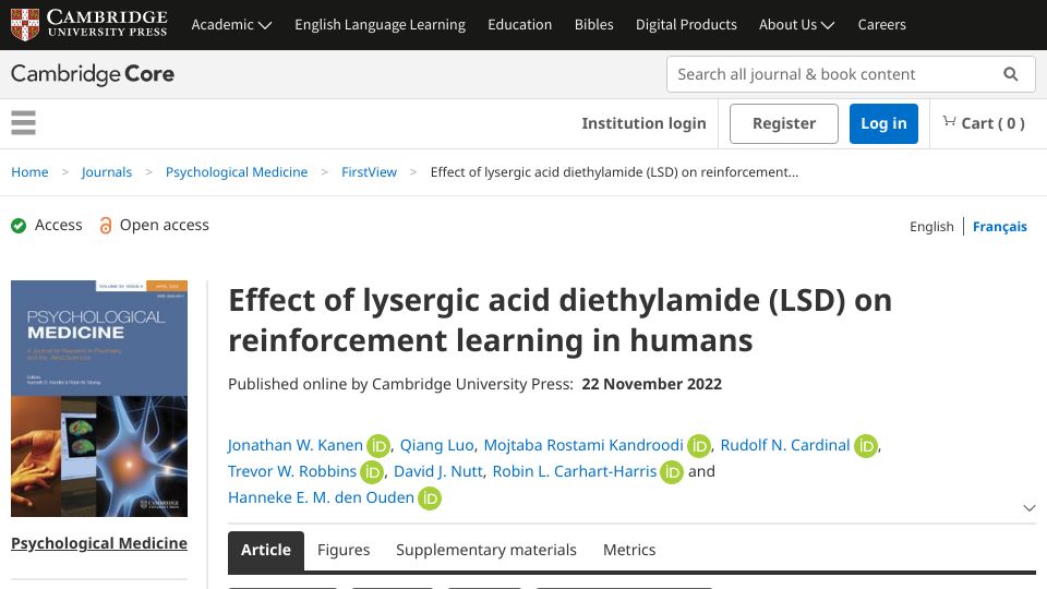 Screenshot of cambridge.org: Effect of LSD on reinforcement learning in humans (2022)