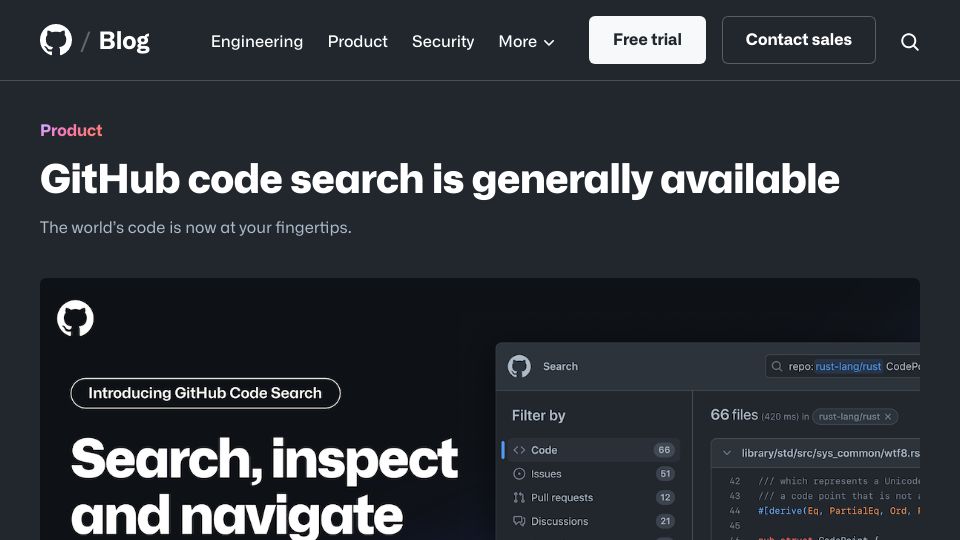 Screenshot of github.blog: GitHub code search is generally available