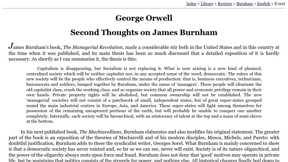 Screenshot of orwell.ru: Second Thoughts on James Burnham (1946)