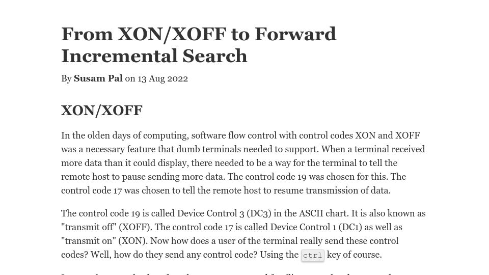 Screenshot of susam.net: From XON/XOFF to Forward Incremental Search (2022)