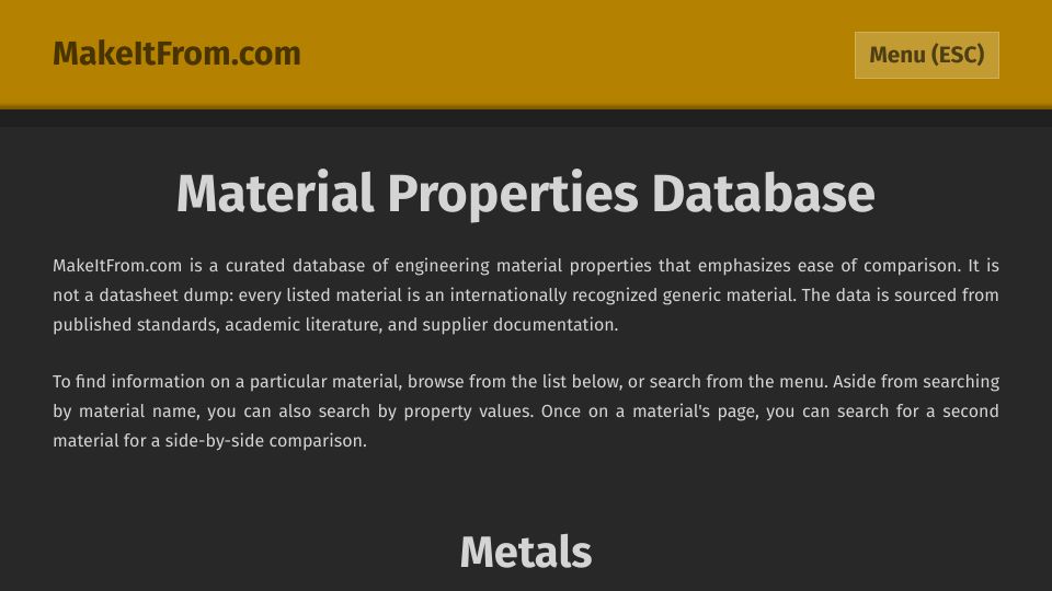 Screenshot of makeitfrom.com: Makeitfrom.com – Material Properties Database