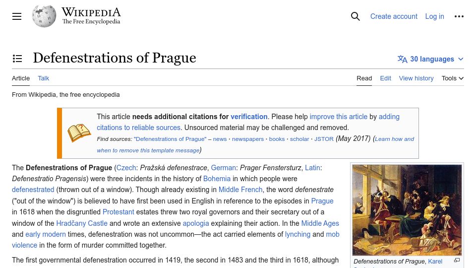 Screenshot of en.wikipedia.org: Defenestrations of Prague