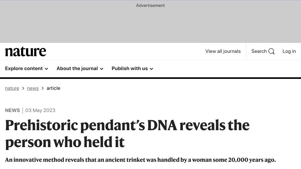 Screenshot of nature.com: Prehistoric pendant’s DNA reveals the person who held it