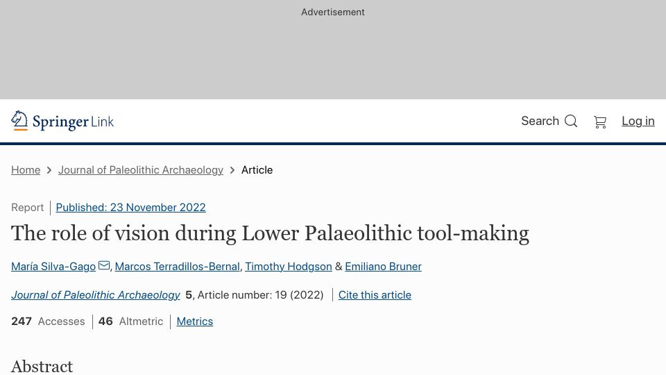 Screenshot of link.springer.com: The role of vision during Lower Palaeolithic tool-making