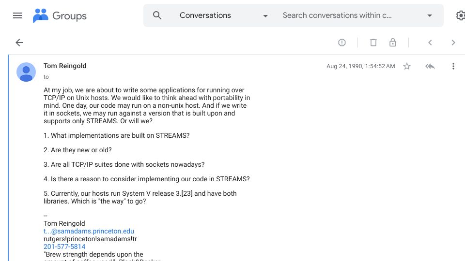 Screenshot of groups.google.com: Are sockets the wave of the future? (1990)