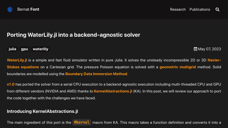 Screenshot of b-fg.github.io: GPU vendor-agnostic fluid dynamics solver in Julia