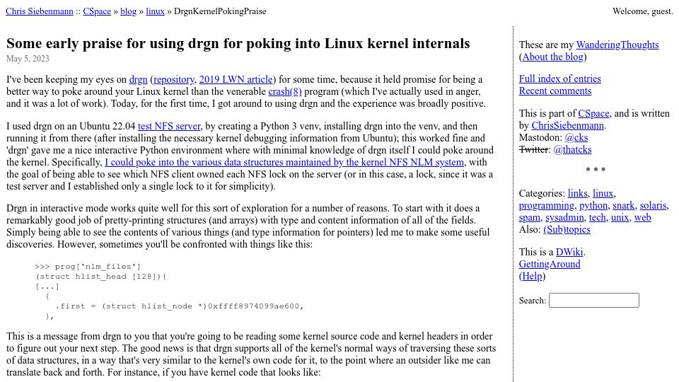 Screenshot of utcc.utoronto.ca: Some early praise for using drgn for poking into Linux kernel internals