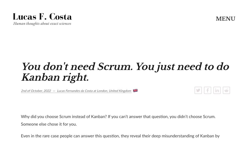 Screenshot of lucasfcosta.com: You don't need Scrum, you just need to do Kanban right (2022)