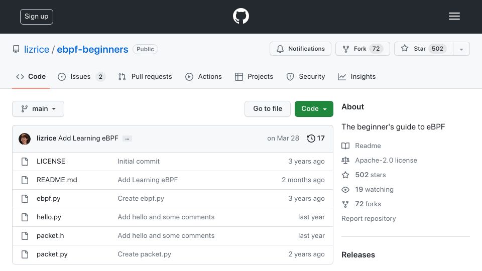 Screenshot of github.com: A Beginner's Guide to eBPF