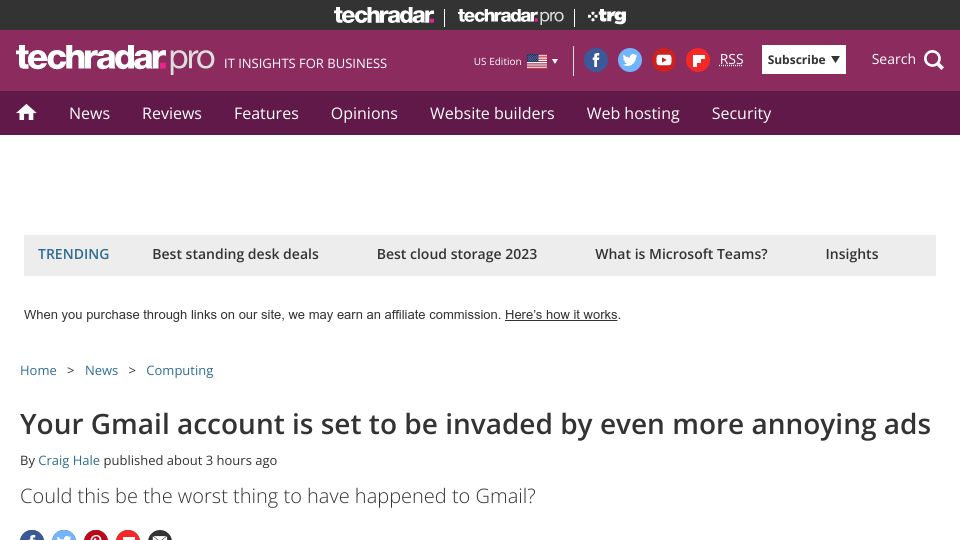 Screenshot of techradar.com: Google appears to be scaling up the ads it shows to Gmail users