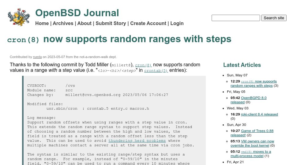 Screenshot of undeadly.org: OpenBSD cron(8) now supports random ranges with steps