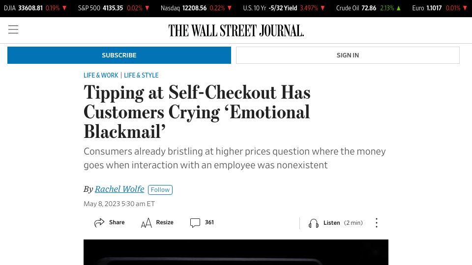 Screenshot of wsj.com: Tipping at Self-Checkout Has Customers Crying ‘Emotional Blackmail’
