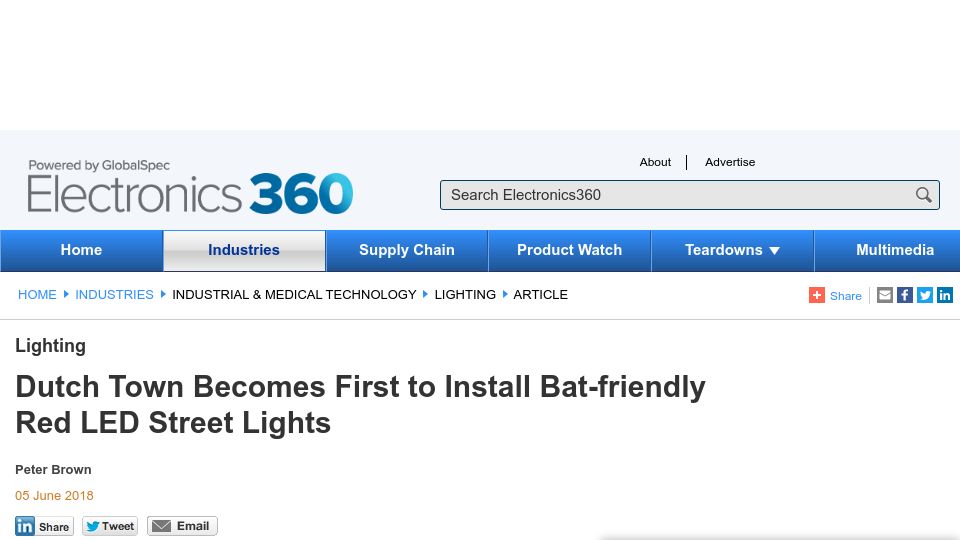 Screenshot of electronics360.globalspec.com: Dutch town installs bat-friendly red LED street lights (2018)