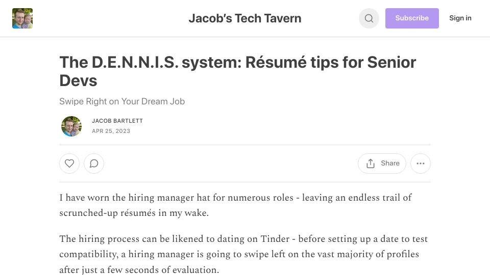 Screenshot of jacobbartlett.substack.com: The D.E.N.N.I.S. system: Résumé tips for Senior Devs