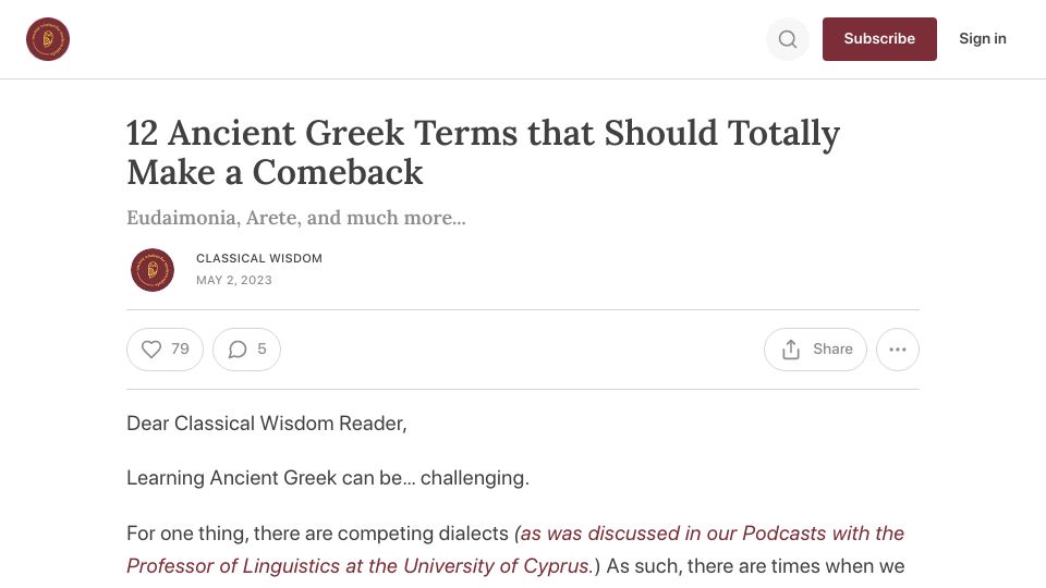 Screenshot of classicalwisdom.substack.com: Ancient Greek terms worth reviving