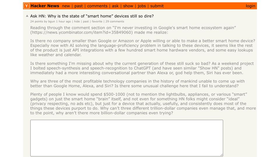 Screenshot of Hacker News post: Ask HN: Why is the state of “smart home” devices still so dire?