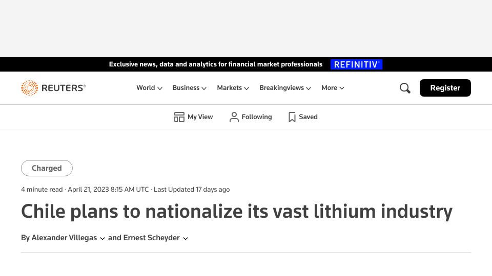 Screenshot of reuters.com: Chile to Nationalize Lithium Industry